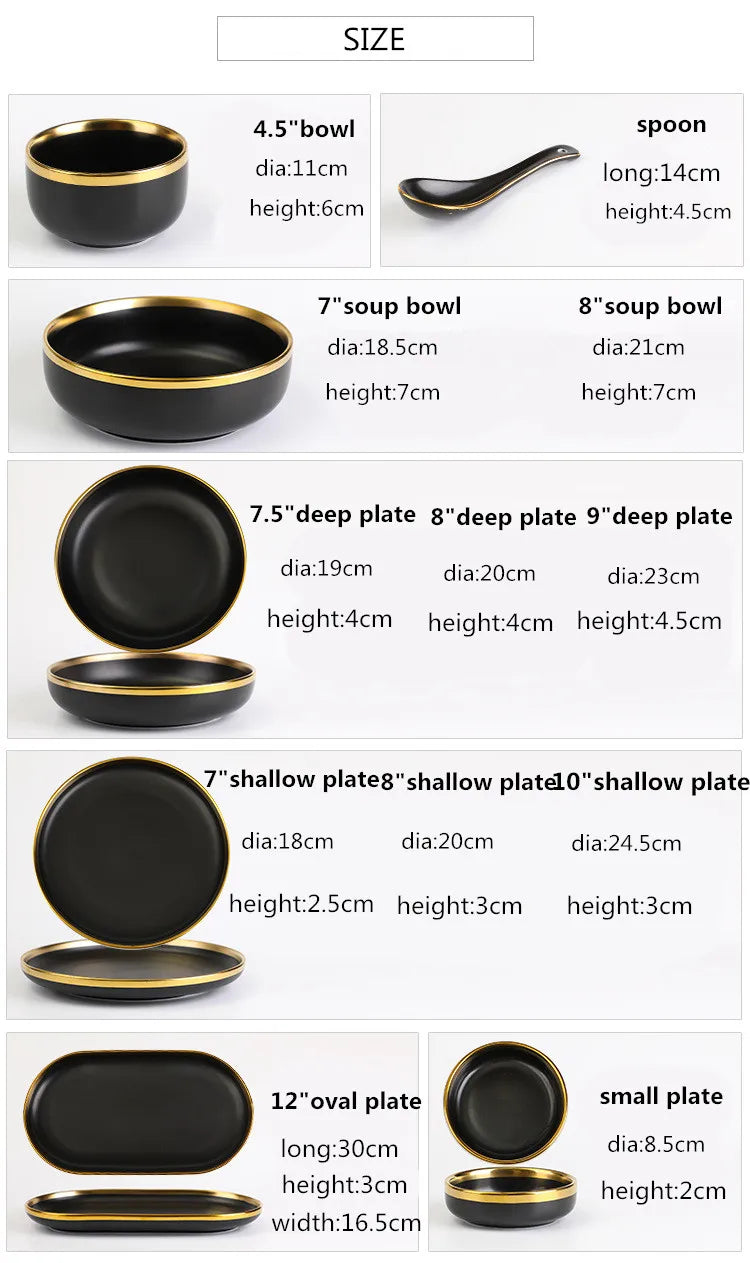 Gilt Rim Black Porcelain Dinner Plates Cutlery Set