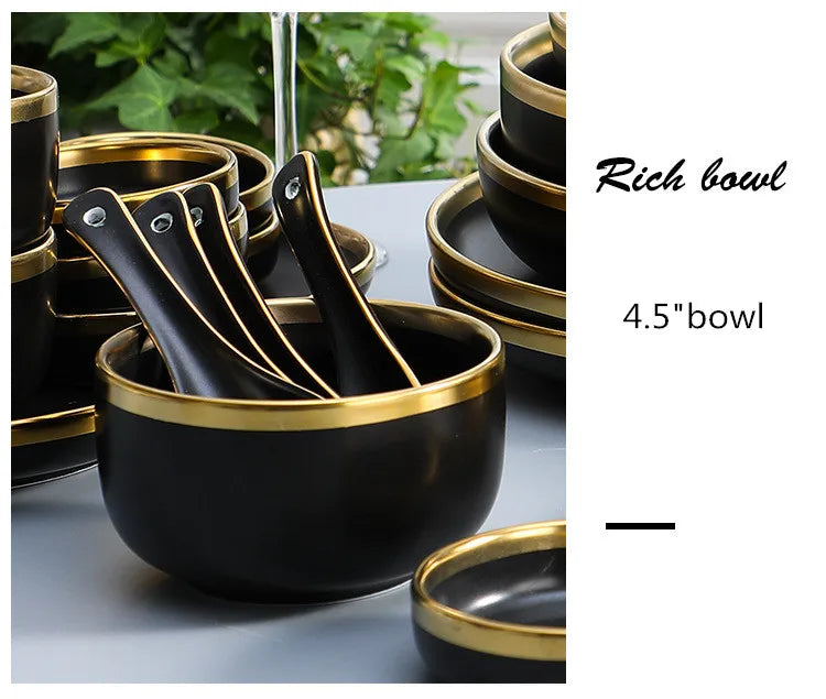 Gilt Rim Black Porcelain Dinner Plates Cutlery Set