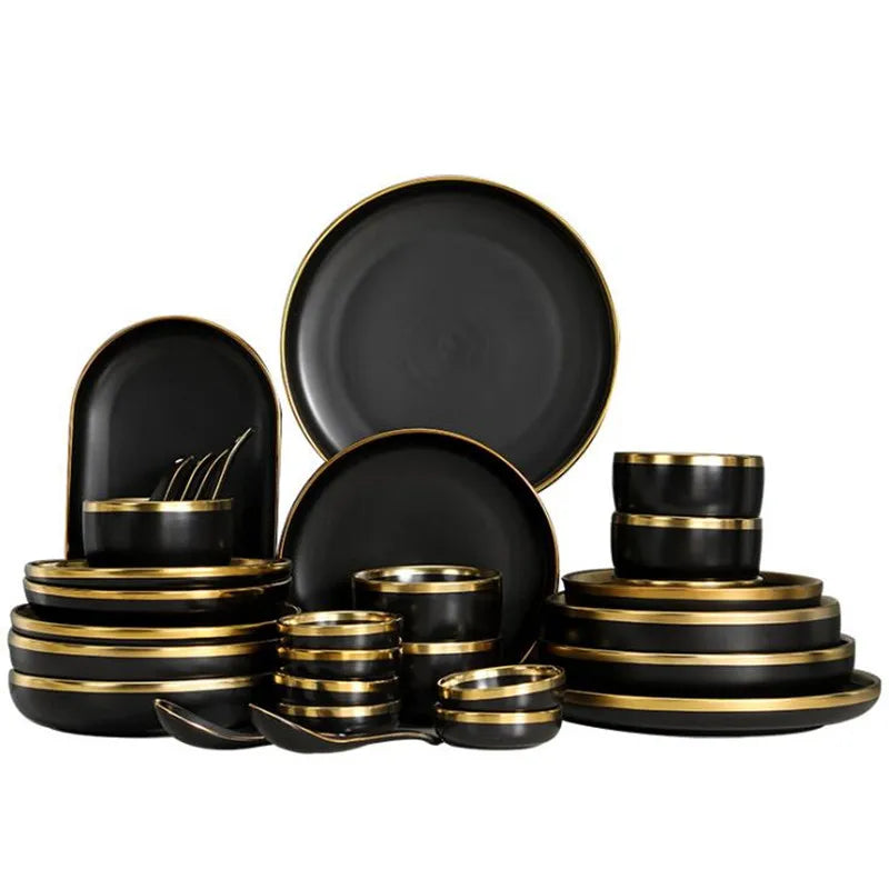 Gilt Rim Black Porcelain Dinner Plates Cutlery Set