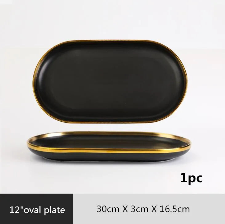 Gilt Rim Black Porcelain Dinner Plates Cutlery Set