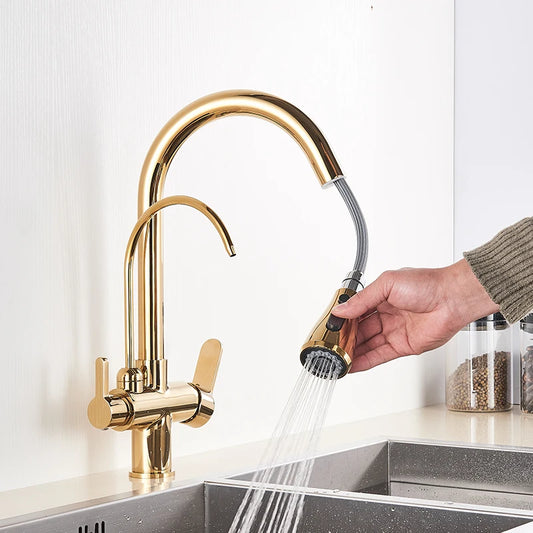 Gold Purify Water Kitchen Faucet Deck Mounted Dual Handle Faucet