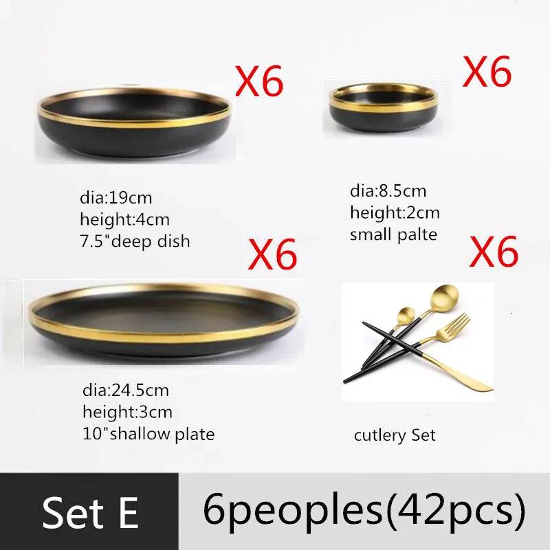 Gilt Rim Black Porcelain Dinner Plates Cutlery Set