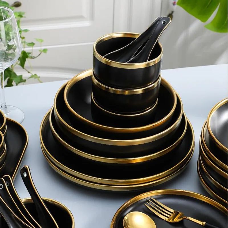 Gilt Rim Black Porcelain Dinner Plates Cutlery Set