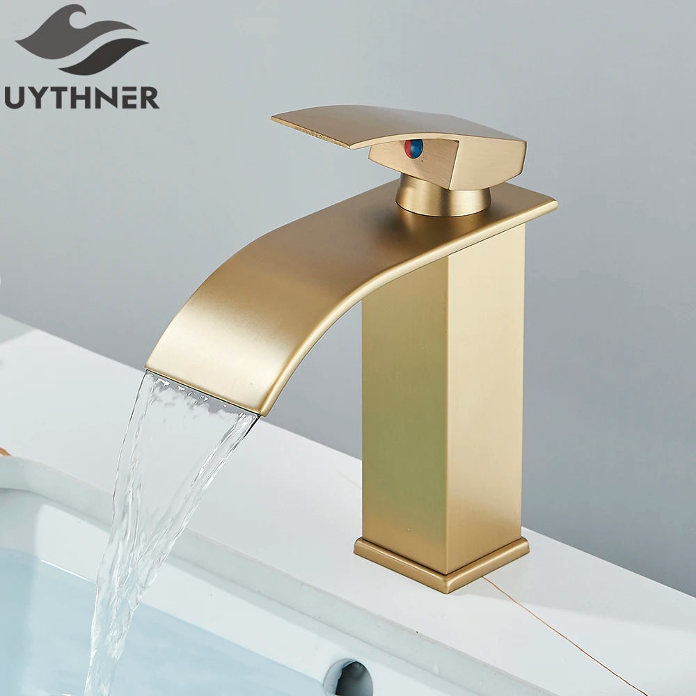 Brushed Golden Basin Faucets Single Lever Hole Deck Mount