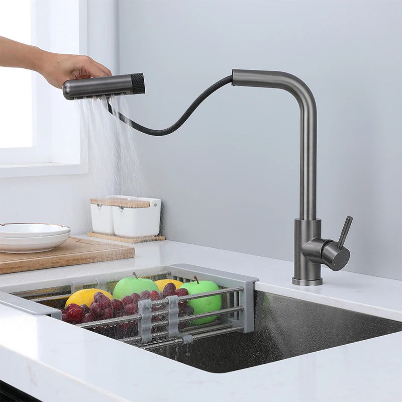 Pull Out Rotation Waterfall Black Stream Sprayer Head,6 Mode Gray Kitchen Faucets, Sink Mixer