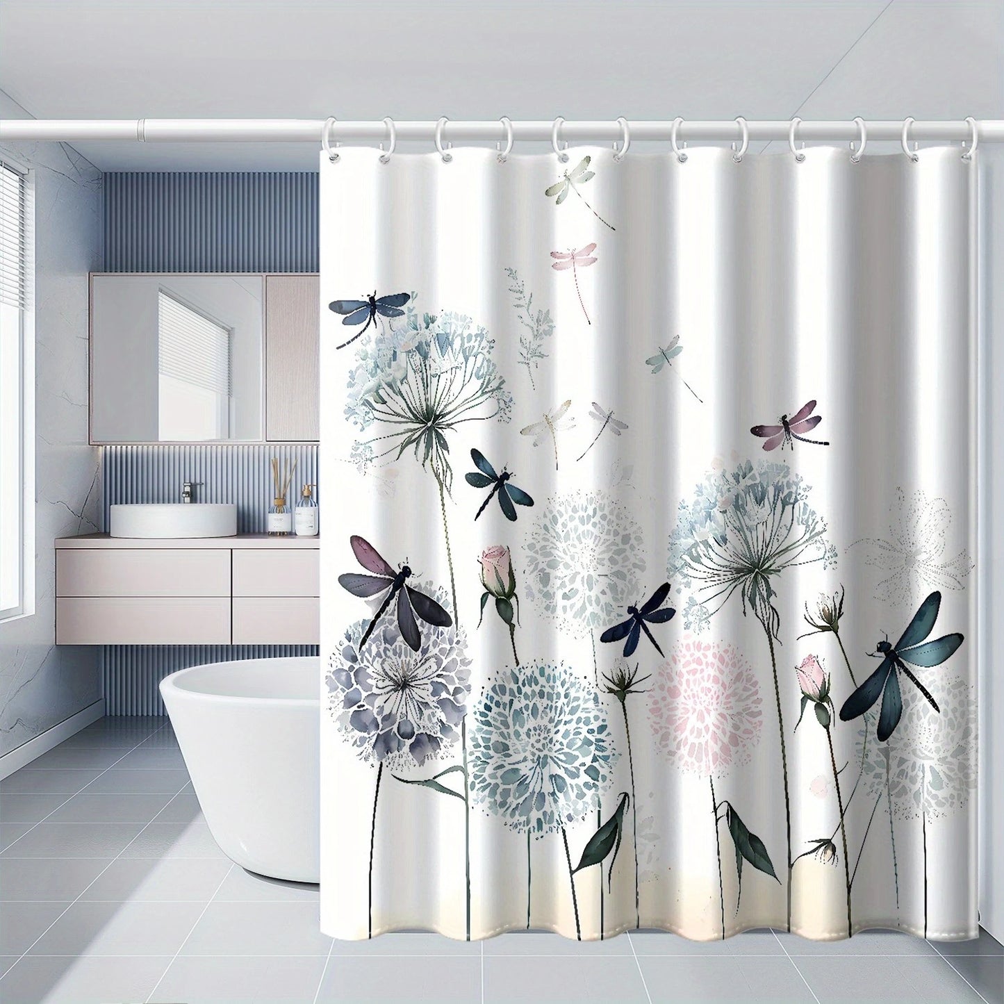 Watercolor Dandelion Dragonfly Printed Shower Curtain Waterproof Polyester Fabric with Hooks