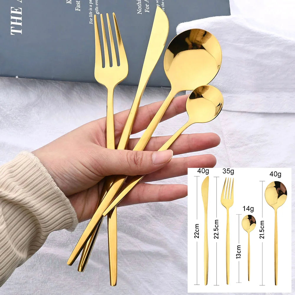 24Pcs Black Handle Golden Cutlery Set Stainless Steel Knife Fork Spoon Tableware Flatware Set