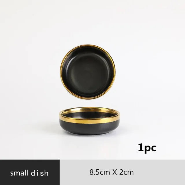 Gilt Rim Black Porcelain Dinner Plates Cutlery Set