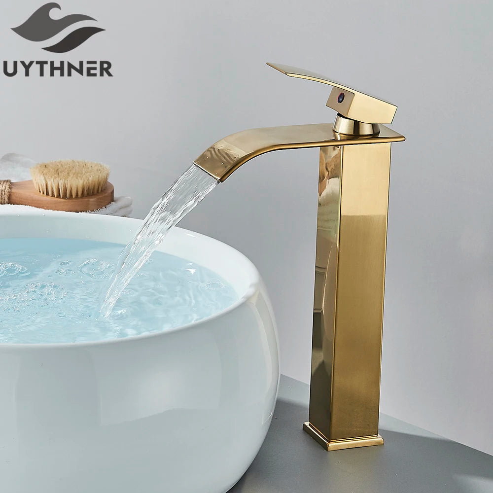 Brushed Golden Basin Faucets Single Lever Hole Deck Mount