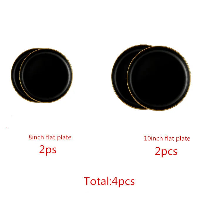 Gilt Rim Black Porcelain Dinner Plates Cutlery Set
