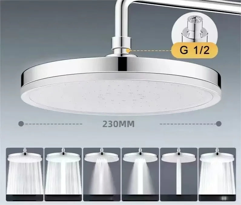 New 6 Modes Large Flow Supercharge Rainfall Shower Head 230mm Round High Pressure Top Spray Rain