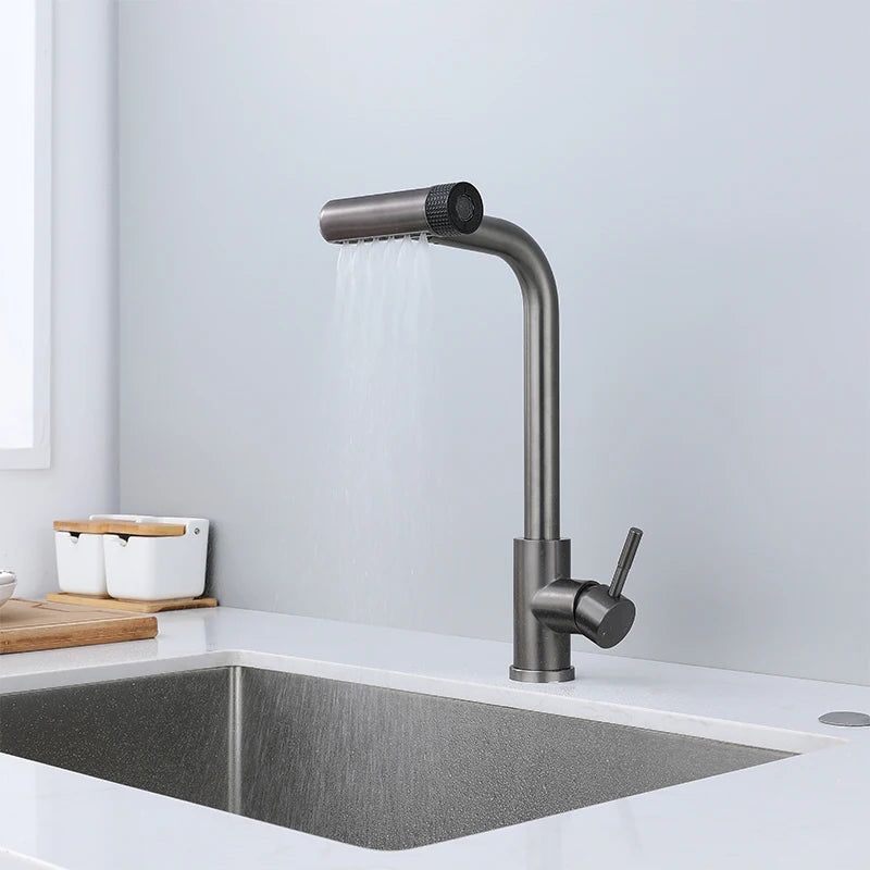 Pull Out Rotation Waterfall Black Stream Sprayer Head,6 Mode Gray Kitchen Faucets, Sink Mixer