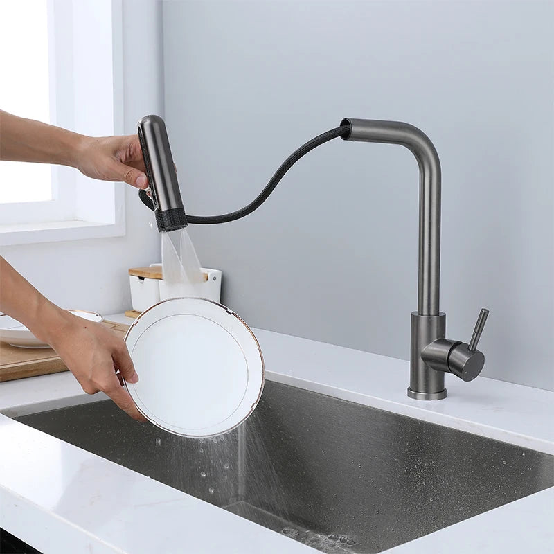 Pull Out Rotation Waterfall Black Stream Sprayer Head,6 Mode Gray Kitchen Faucets, Sink Mixer
