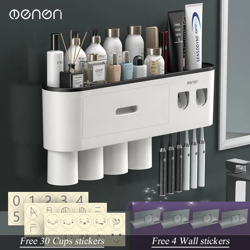 MENGNI-Magnetic Adsorption Inverted Toothbrush Holder Wall -Automatic Toothpaste Squeezer Storage Rack