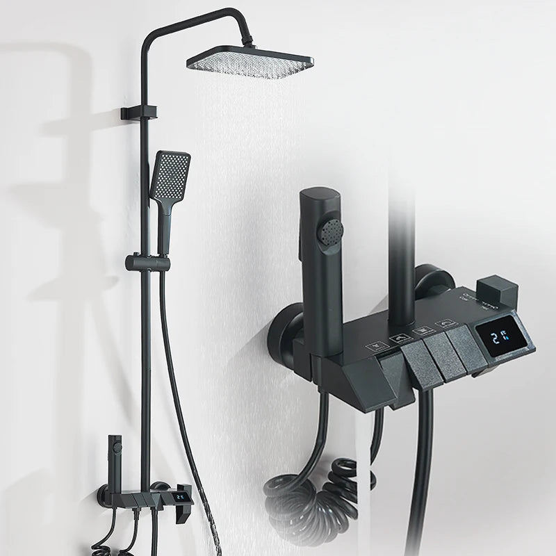 Rozin Black Smart Digital Display Shower Faucet Set Piano Style Rain fall Grey Digital Mixer