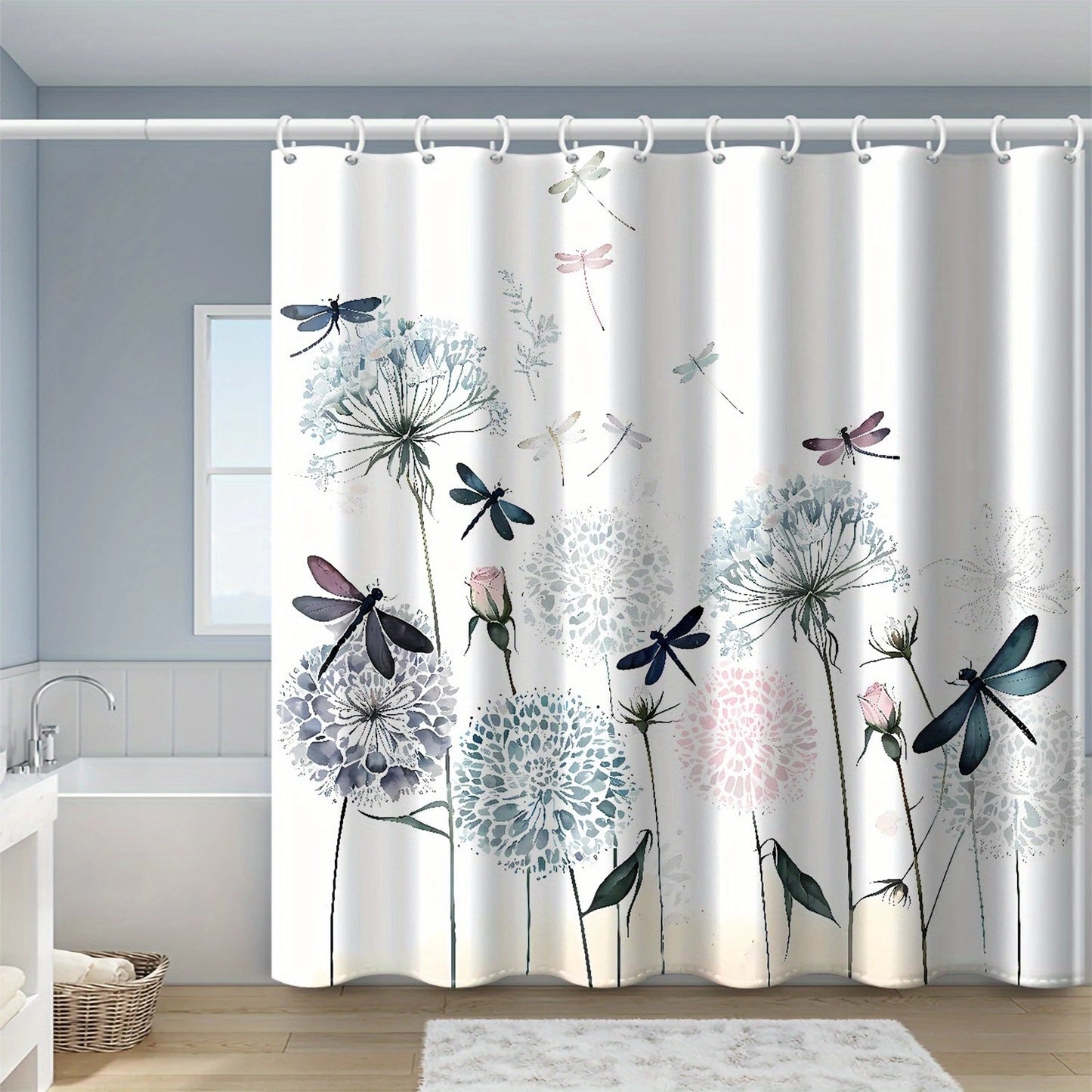 Watercolor Dandelion Dragonfly Printed Shower Curtain Waterproof Polyester Fabric with Hooks