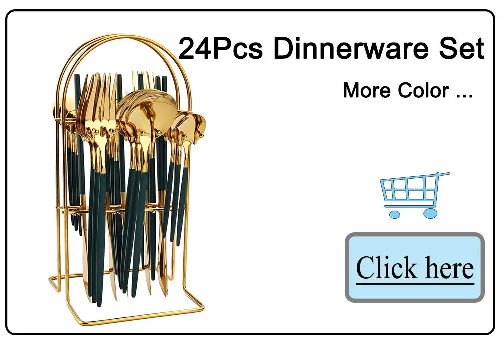 24Pcs Black Handle Golden Cutlery Set Stainless Steel Knife Fork Spoon Tableware Flatware Set
