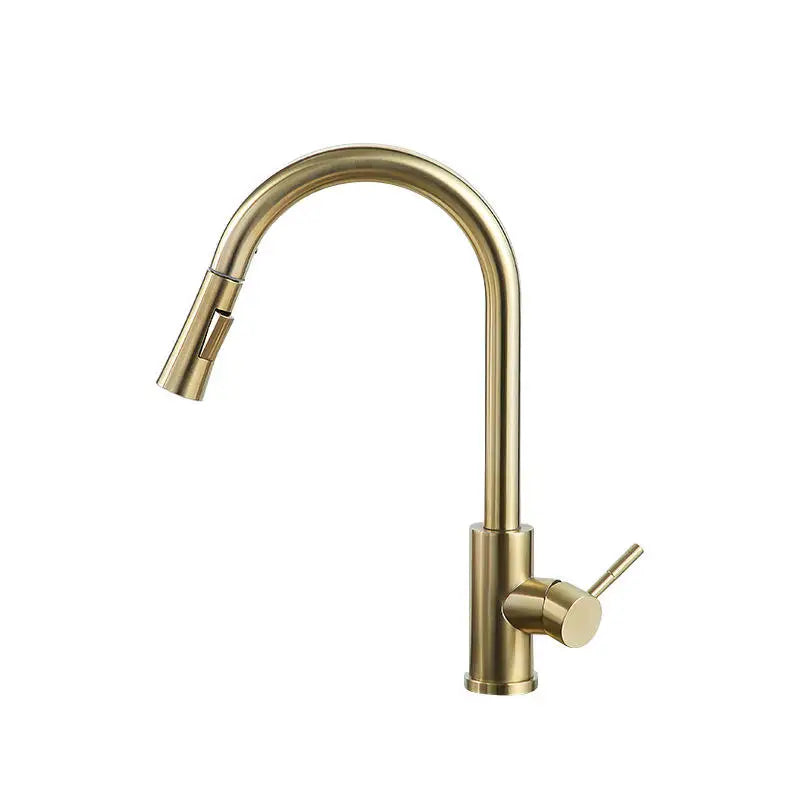 Stainless Steel Hot Cold Water Faucet Gold Pull-out Sprayer Single Handle