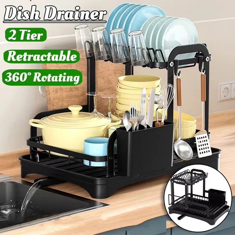 New 360° rotating storage rack double-layer kitchen tableware drying rack with drain