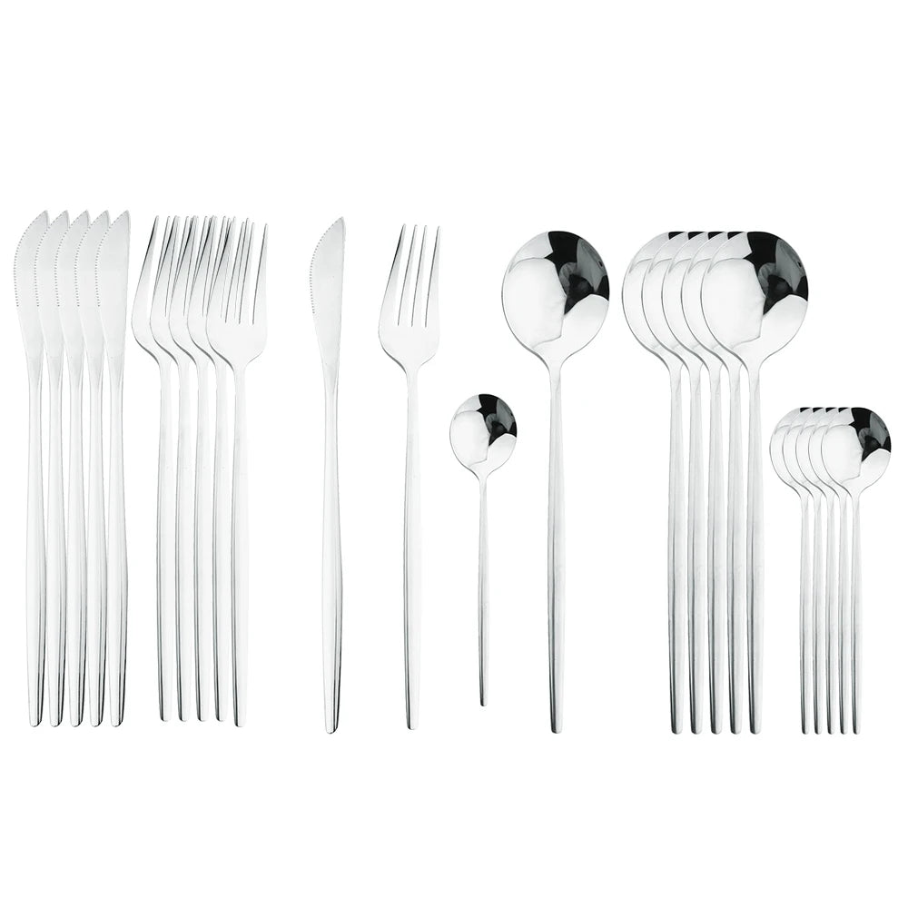 24Pcs Black Handle Golden Cutlery Set Stainless Steel Knife Fork Spoon Tableware Flatware Set