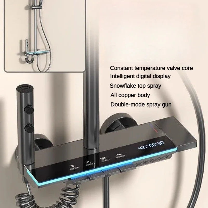 Grey shower Set Four-Function Smart Digital Display Shower System Rainfall Pressurized Wall-mounted Piano Key
