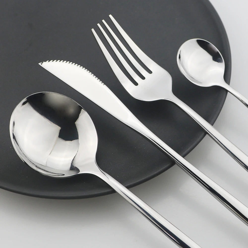 24Pcs Black Handle Golden Cutlery Set Stainless Steel Knife Fork Spoon Tableware Flatware Set