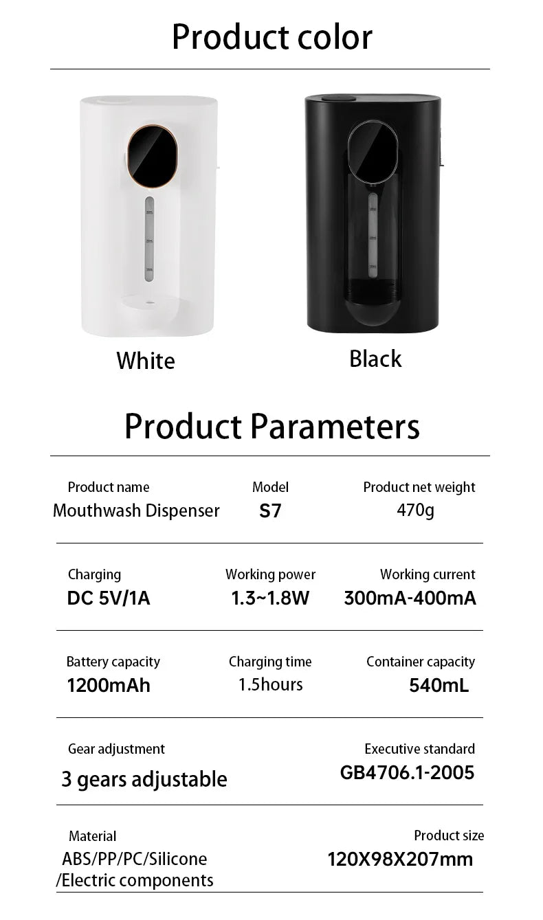 Smart Touchless 540ML Mouthwash Dispenser w/LED, 3 Modes, Wall/Table Mount, 2 Cups,