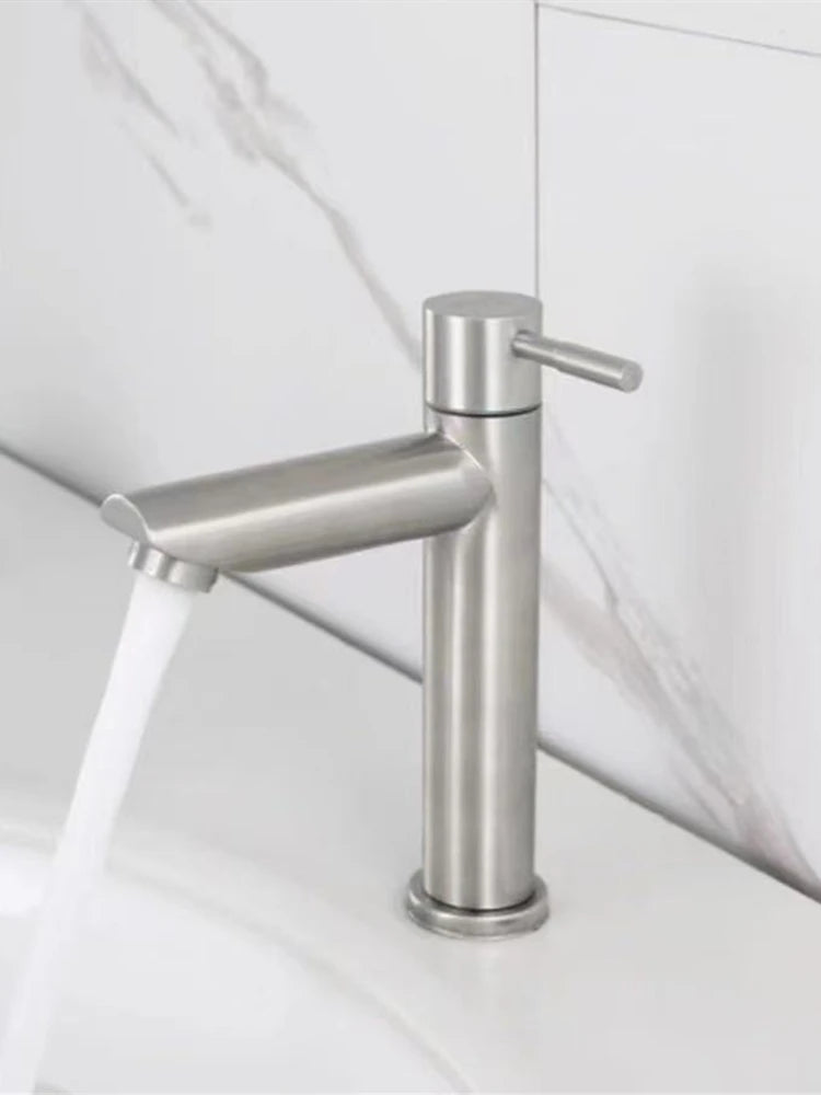 Basin Faucet 304 Stainless Steel Single Cold Water Tap Black Silver Color Deck Mounted