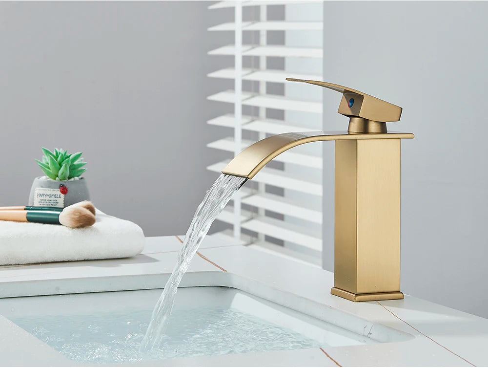 Brushed Golden Basin Faucets Single Lever Hole Deck Mount