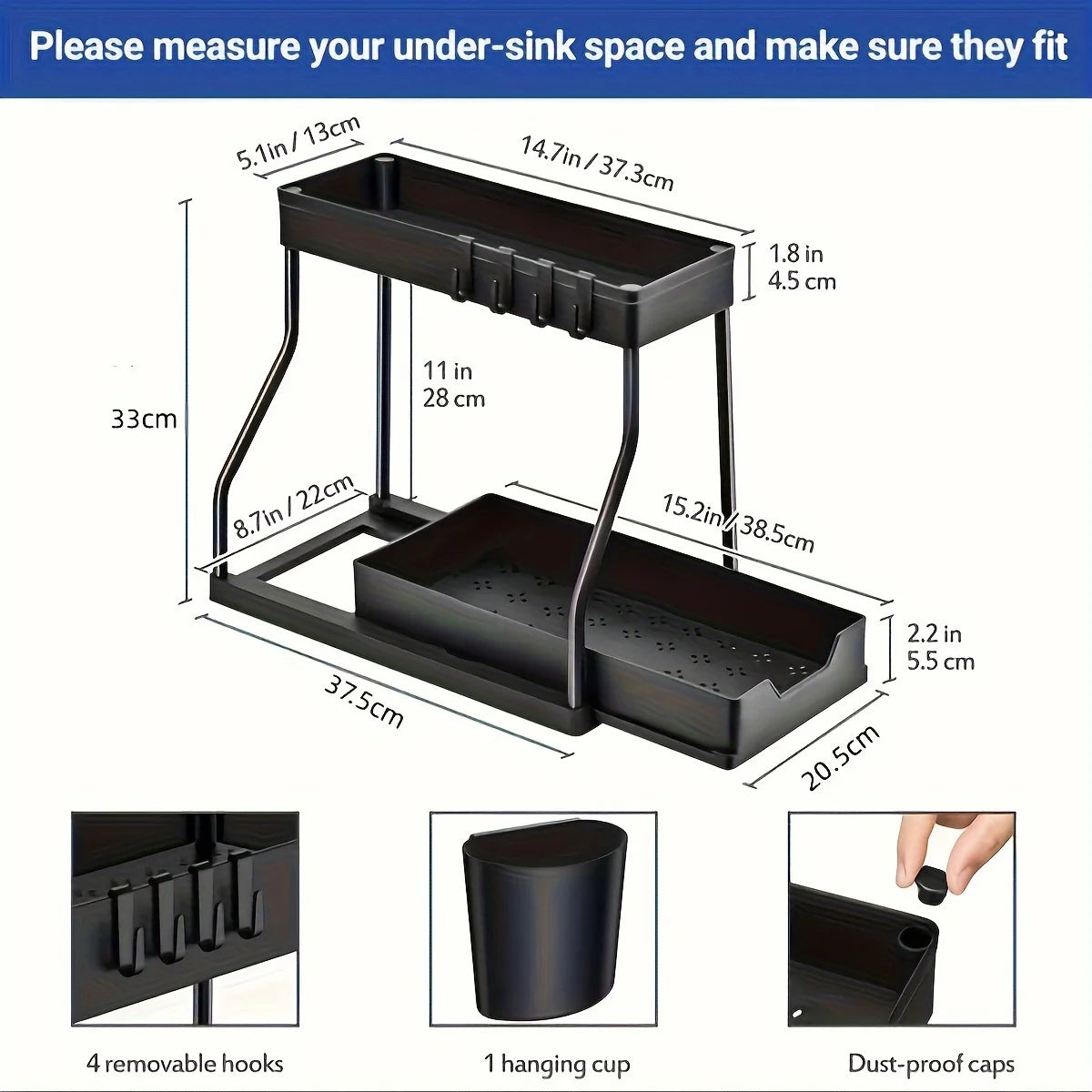 2-Tier Plastic Storage Organizer Pull-Out Drawer Kitchen Bathroom Space-Saving Durable Large Capacity