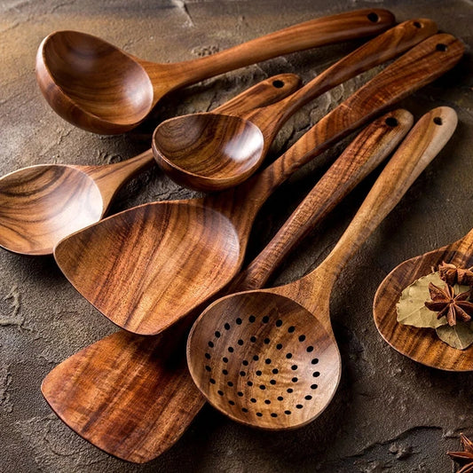1-10 PC Wooden Cooking Spoons , Non-Stick Wooden Cooking Utensils
