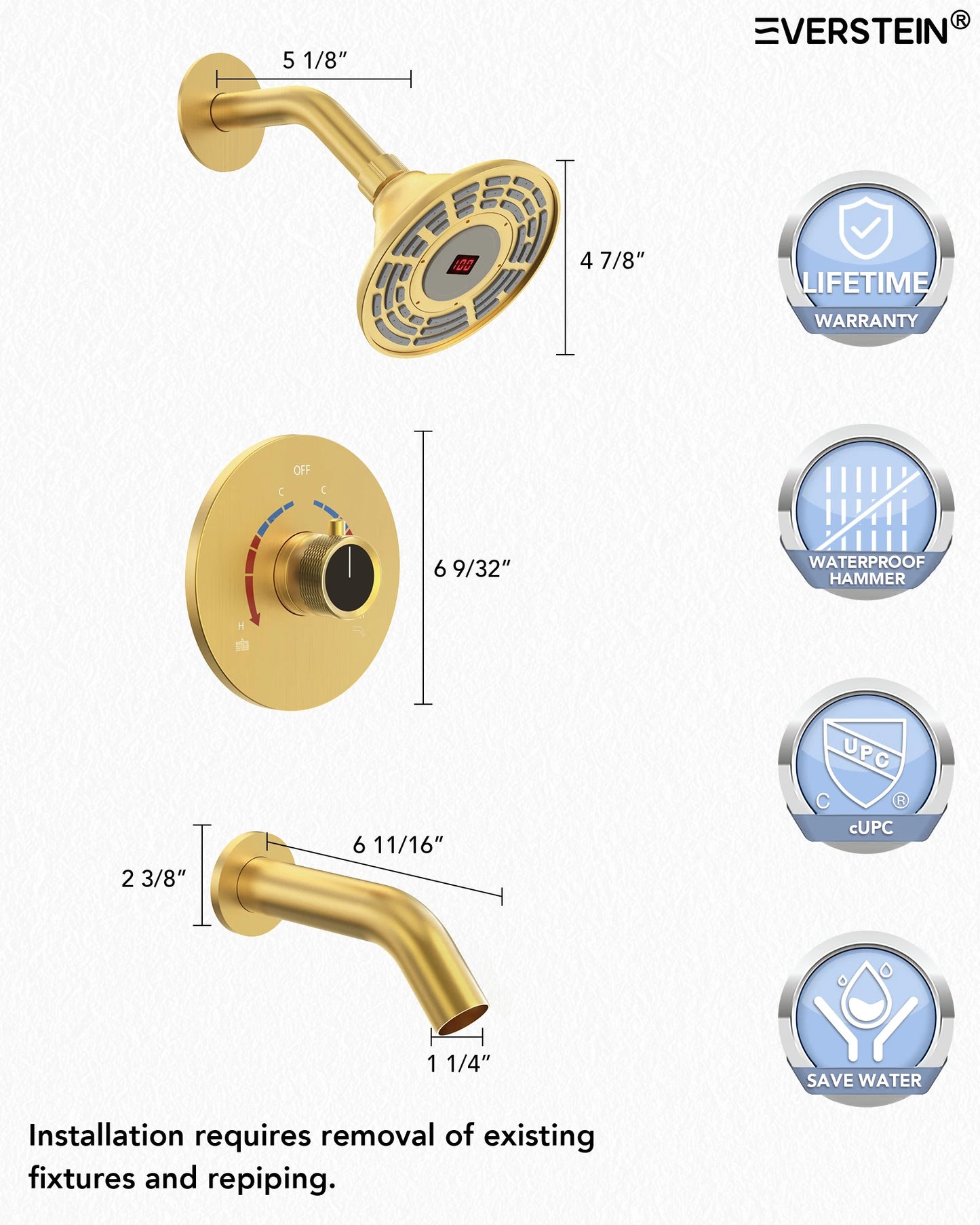 EVERSTEIN LED Light Shower Head System Shower Faucet Set with Brass Balanced Valve Wall Mount Tub Faucet