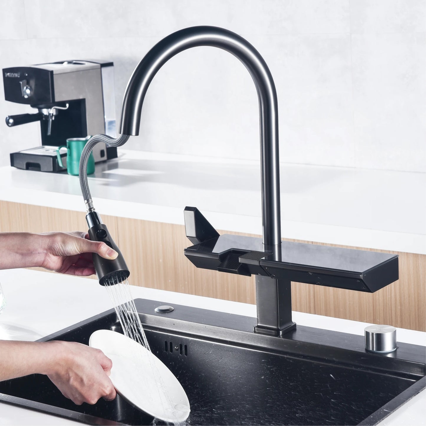 Luxury digital display brass grey kitchen faucet pull-out design