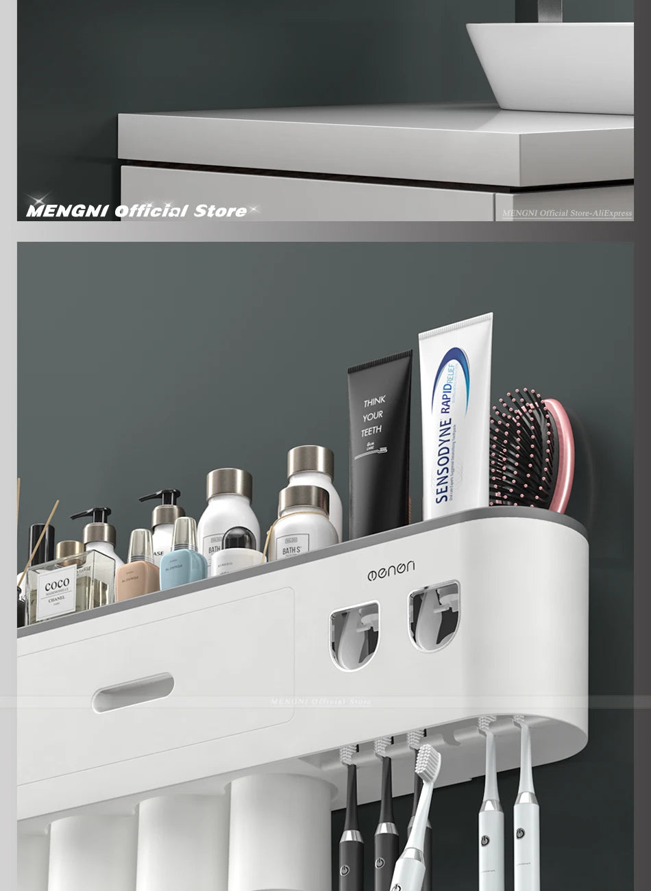 MENGNI-Magnetic Adsorption Inverted Toothbrush Holder Wall -Automatic Toothpaste Squeezer Storage Rack