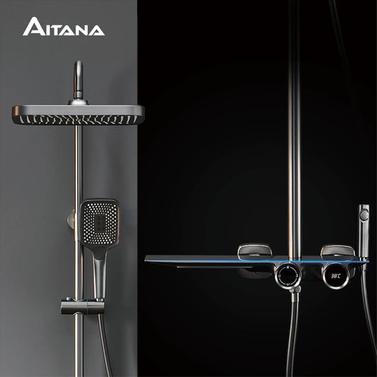 Luxury gun gray brass bathroom shower system  digital display  cold & hot dual control
