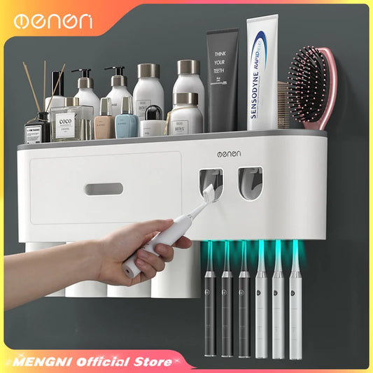 MENGNI-Magnetic Adsorption Inverted Toothbrush Holder Wall -Automatic Toothpaste Squeezer Storage Rack