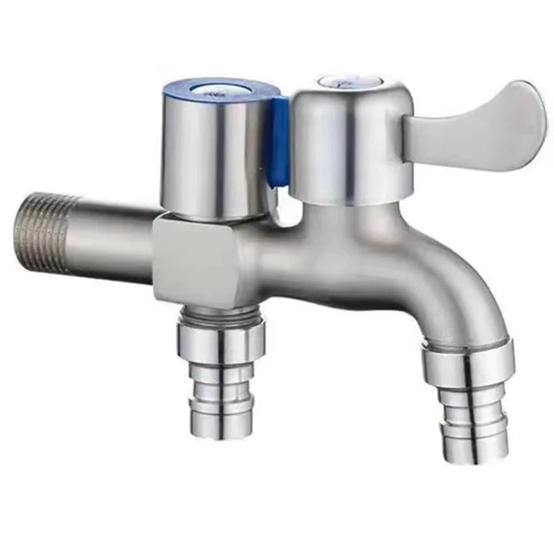 Stainless Steel Faucet Double Outlet Dual Control Water Tap One in Two Out Faucet 1/2" Bidet Faucets