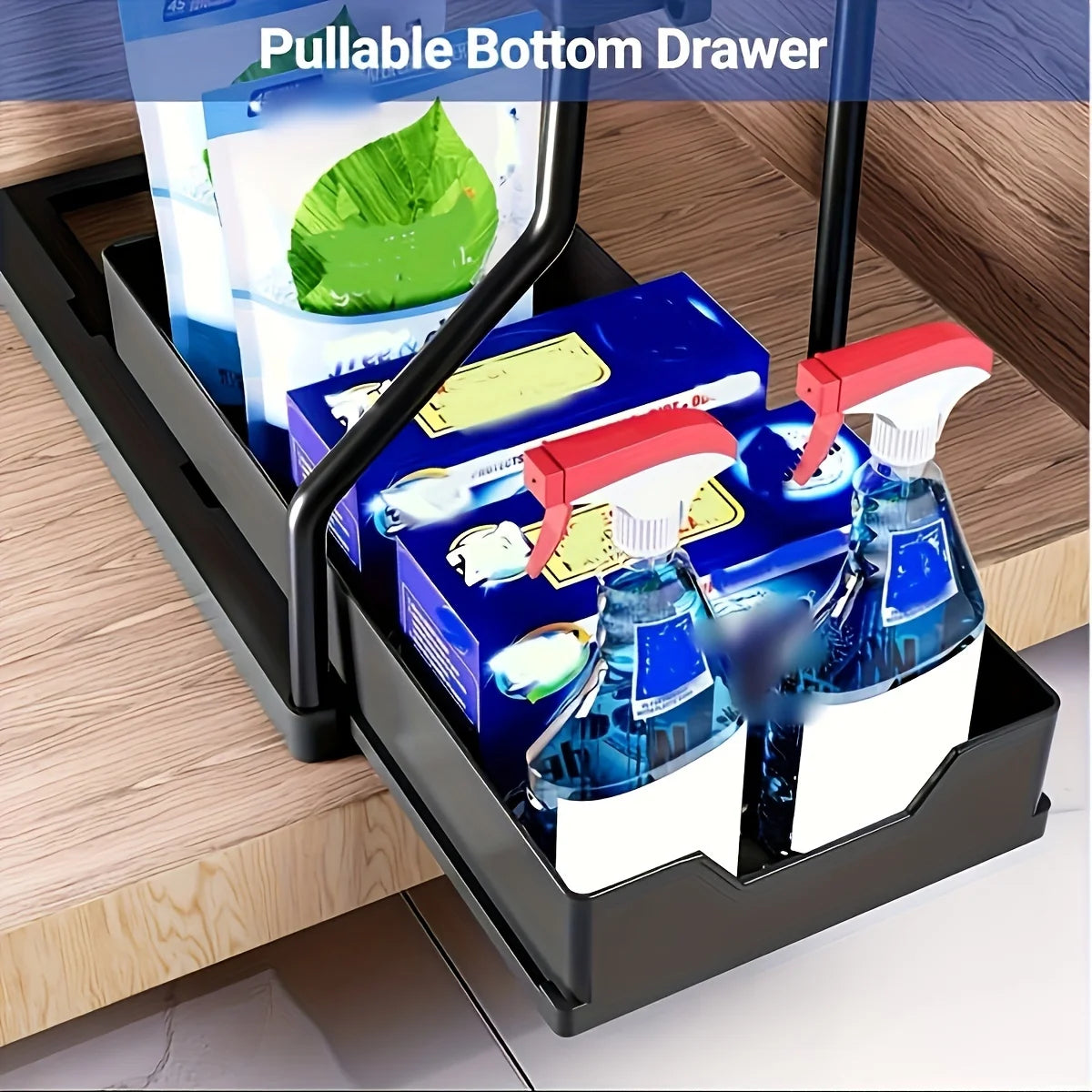 2-Tier Plastic Storage Organizer Pull-Out Drawer Kitchen Bathroom Space-Saving Durable Large Capacity