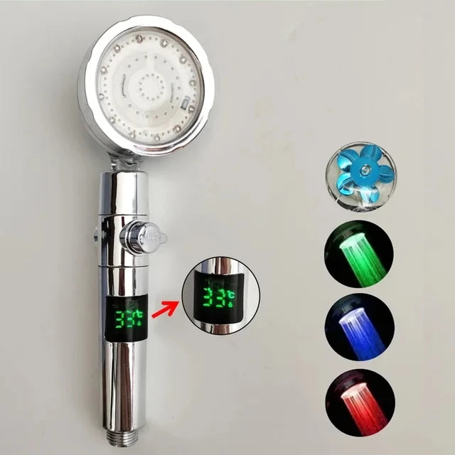 LED Digital Temperature Display Shower Head Temperature Control Colorful Fan Spray Nozzle
