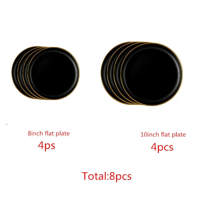 Gilt Rim Black Porcelain Dinner Plates Cutlery Set