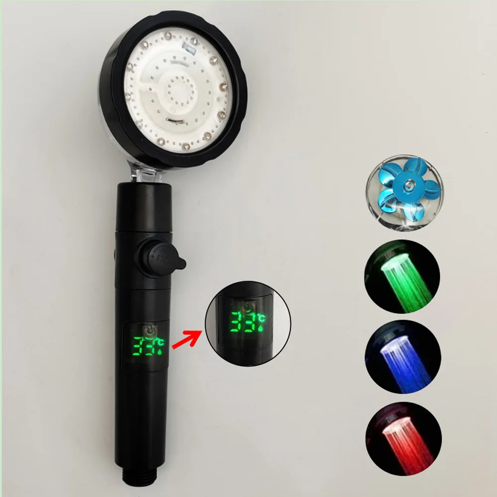 LED Digital Temperature Display Shower Head Temperature Control Colorful Fan Spray Nozzle
