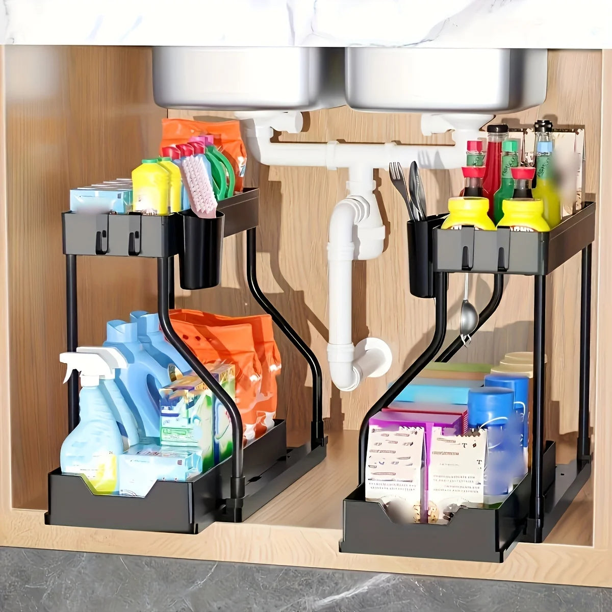 2-Tier Plastic Storage Organizer Pull-Out Drawer Kitchen Bathroom Space-Saving Durable Large Capacity
