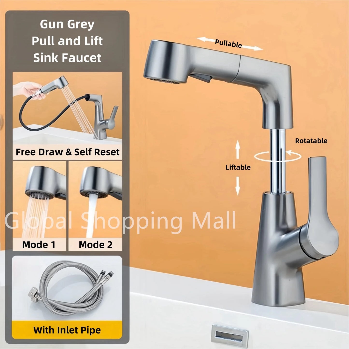 Pull Out Lift Kitchen Faucet 360° Rotatable Splashproof Stainless Steel Kitchen Sink Faucet with Pull Down Sprayer