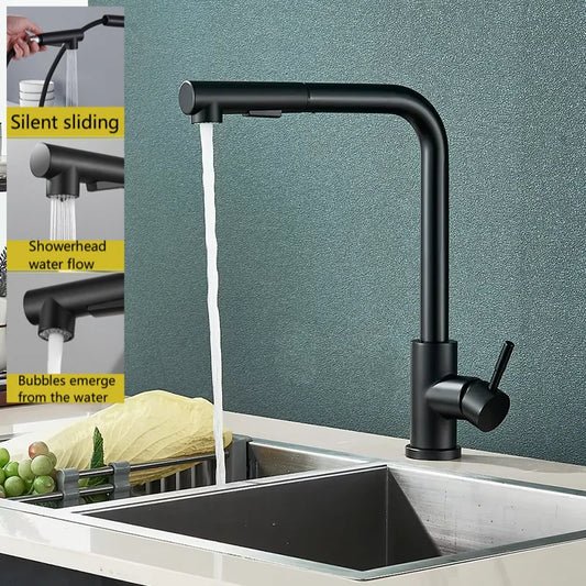 Black silver pull-out rotary kitchen faucet stainless steel hot and cold dual mode