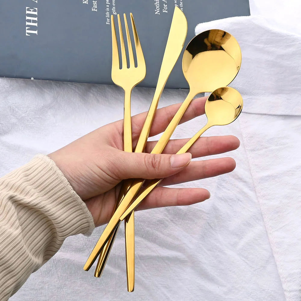 24Pcs Black Handle Golden Cutlery Set Stainless Steel Knife Fork Spoon Tableware Flatware Set