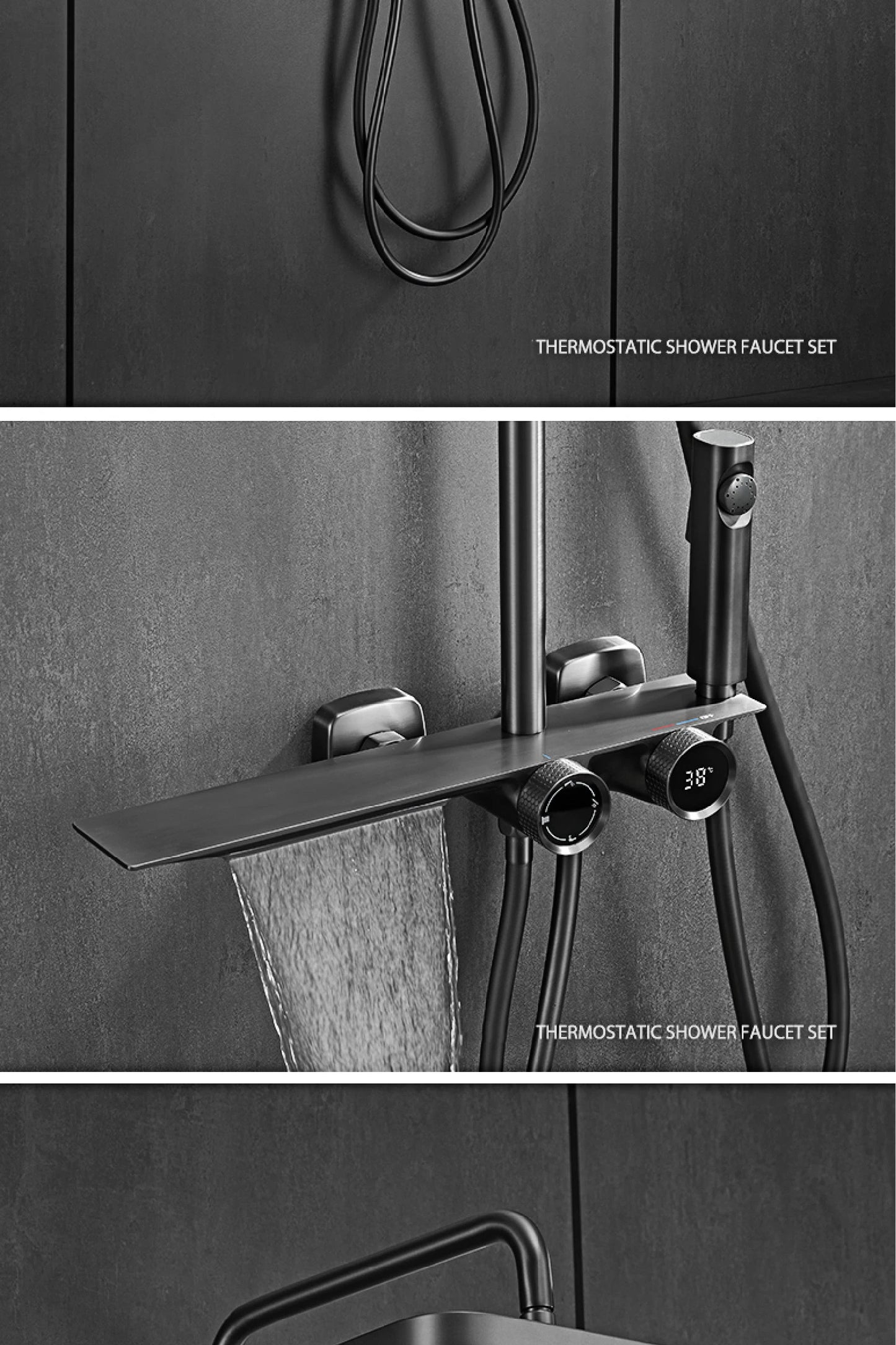 Luxury gun gray brass bathroom shower system digital display cold & hot dual control