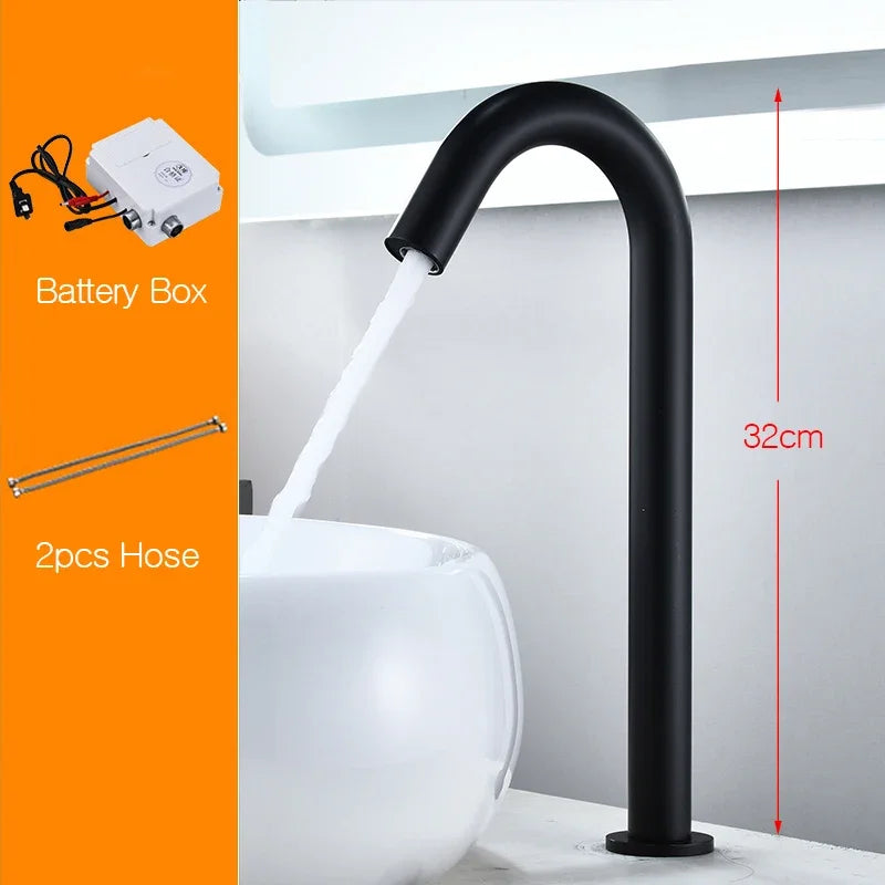 Matte Black Sensor Basin Faucet Single Cold Water Sink Tap Deck Mount Bathroom Automatic Sense Mixer Battery Powered