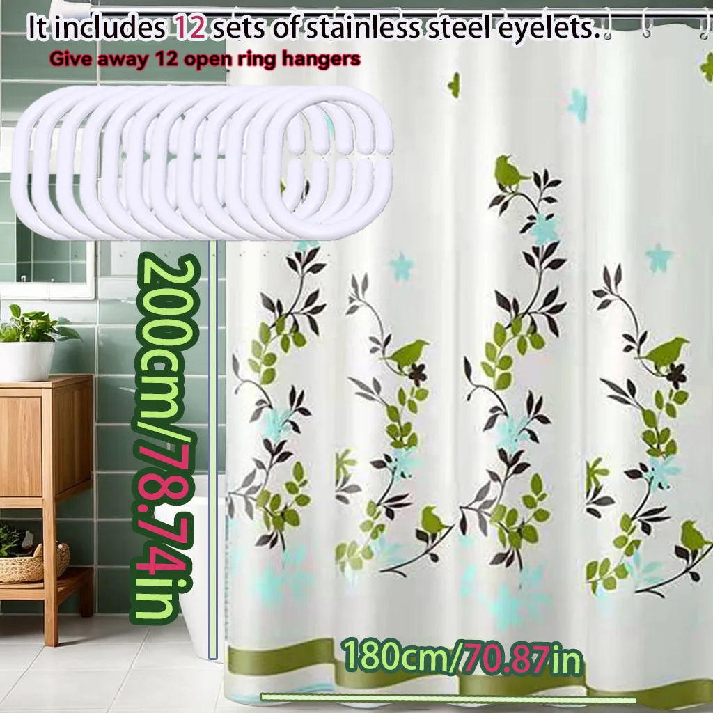 Green bird perch printed shower curtain bathroom dry and wet separation partition curtain