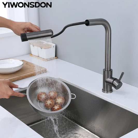 Pull Out Rotation Waterfall Black Stream Sprayer Head,6 Mode Gray Kitchen Faucets, Sink Mixer