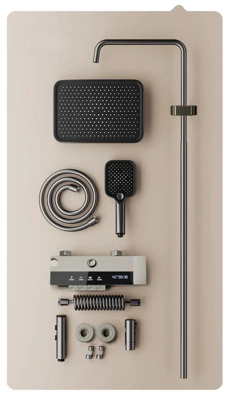 Grey shower Set Four-Function Smart Digital Display Shower System Rainfall Pressurized Wall-mounted Piano Key